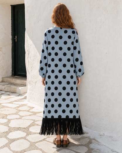 Bohemian Light Blue Polka-dot Woven Fringe-hem Maxi Dress MVA001900AA