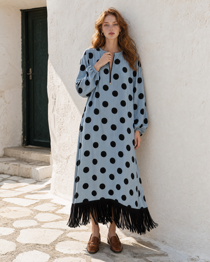 Bohemian Light Blue Polka-dot Woven Fringe-hem Maxi Dress MVA001900AA