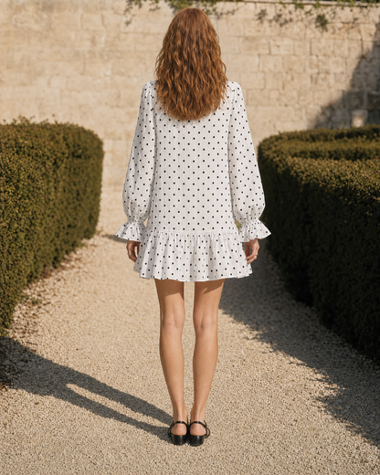 Casual White Polka-dot Woven Balloon-sleeve Ruffle-hem Mini Shirt Dress MVA001910AA