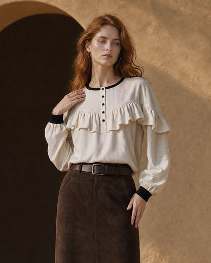 Casual Cream Fine-wale Corduroy Ruffle-yoke Contrast-trim Top MVA001920AA