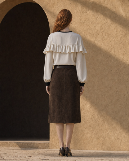 Casual Cream Fine-wale Corduroy Ruffle-yoke Contrast-trim Top MVA001920AA