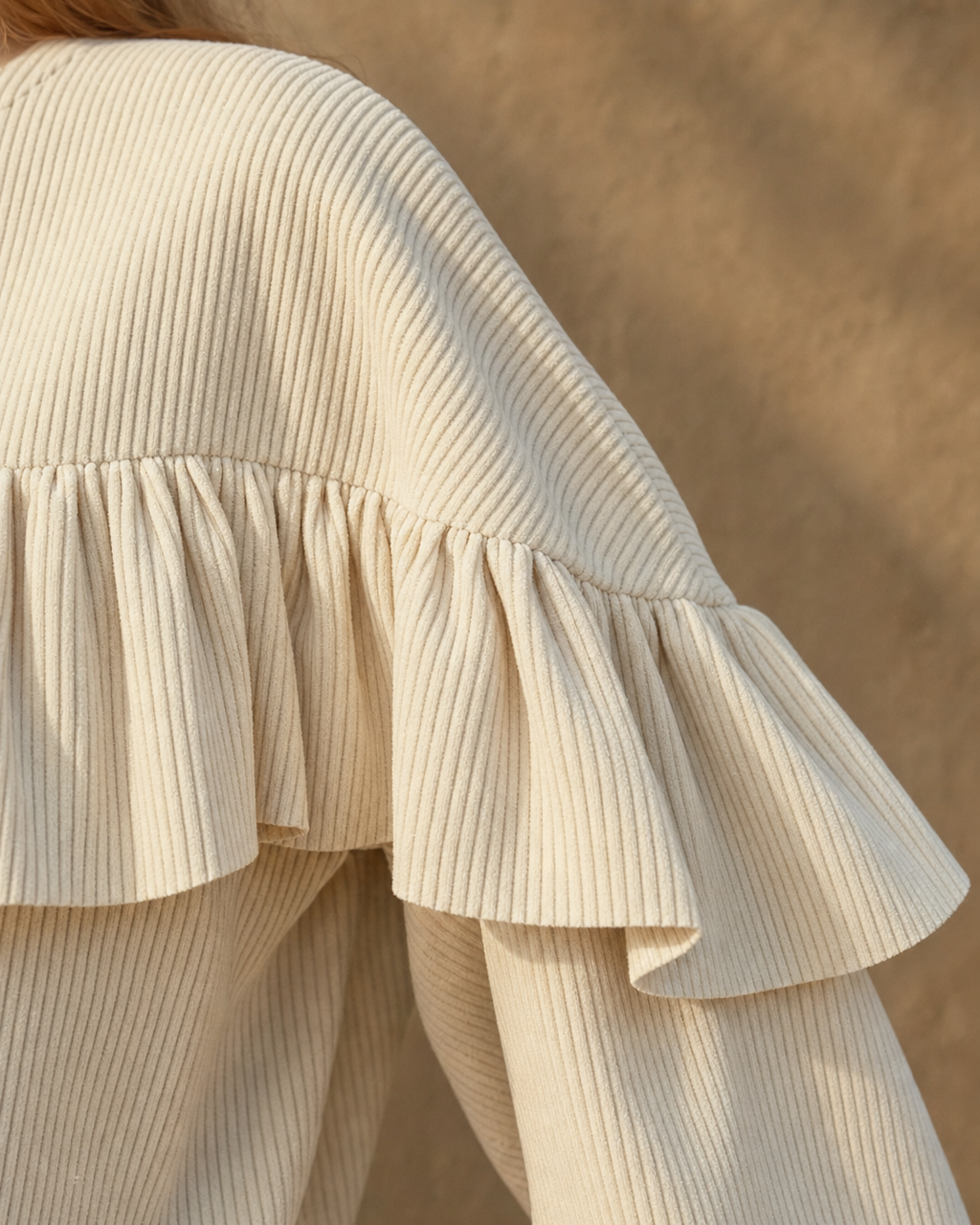 Casual Cream Fine-wale Corduroy Ruffle-yoke Contrast-trim Top MVA001920AA