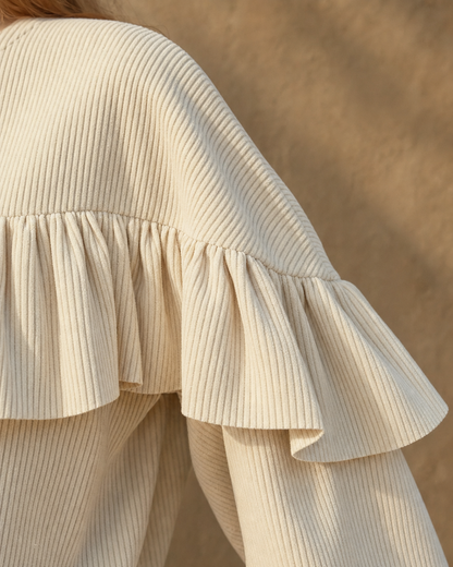 Casual Cream Fine-wale Corduroy Ruffle-yoke Contrast-trim Top MVA001920AA