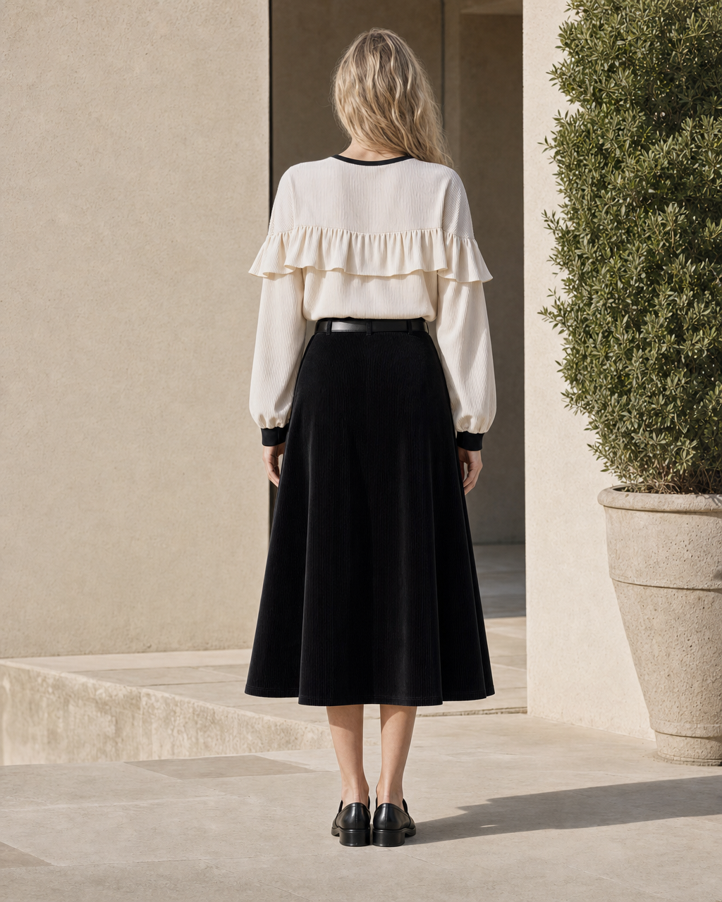 Casual Cream And Black Ribbed-knit Top And Corduroy Midi Skirt Set MVA001930AA