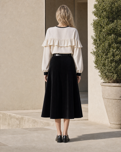 Casual Cream And Black Ribbed-knit Top And Corduroy Midi Skirt Set MVA001930AA