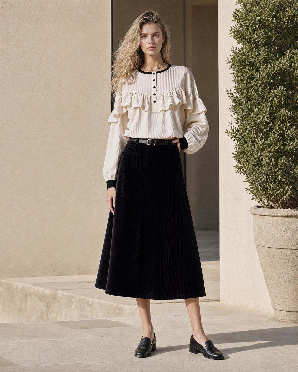 Casual Cream And Black Ribbed-knit Top And Corduroy Midi Skirt Set MVA001930AA