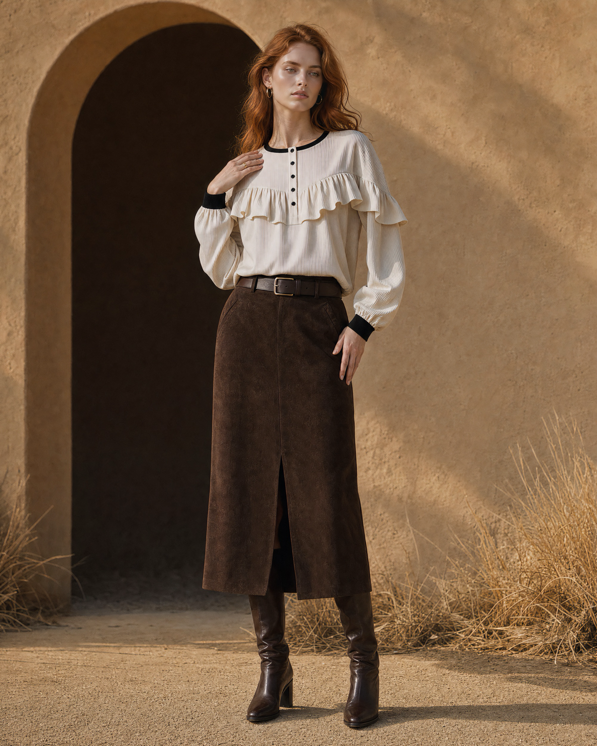 Casual Chocolate Brown Faux-suede Front-slit Midi Skirt MVA001940AA