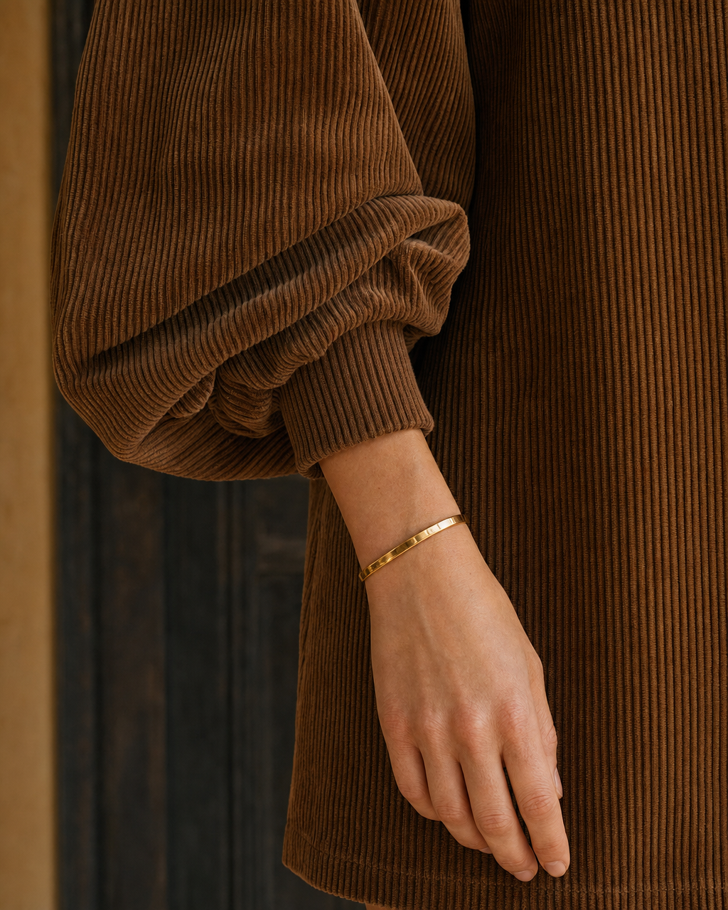 Casual Chestnut Brown Corduroy Button-collar Off-shoulder Mini Dress MVA001950AA
