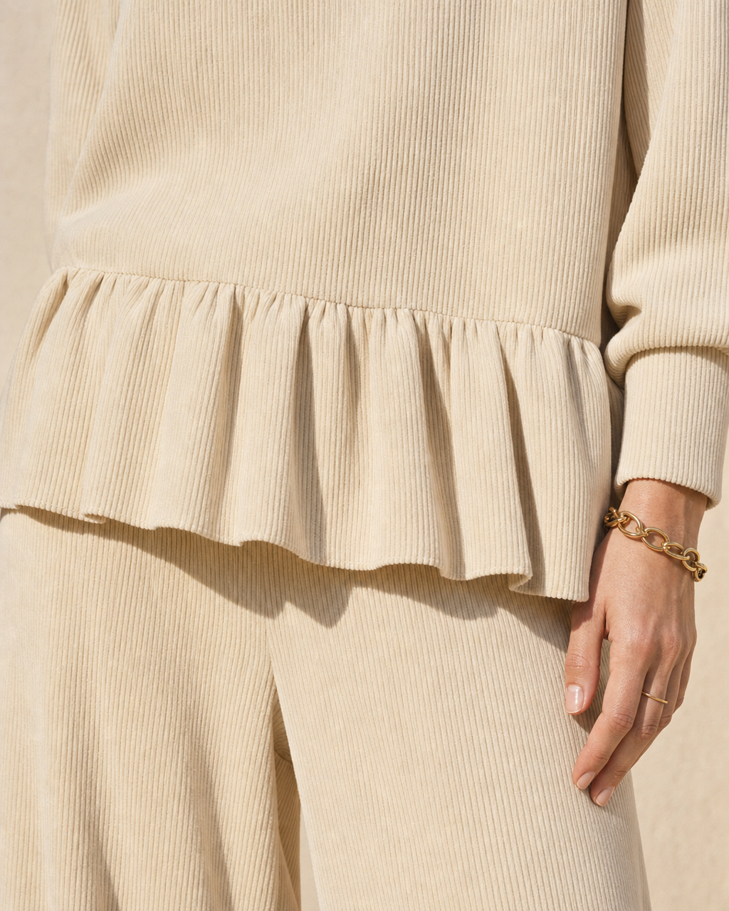Casual Cream Corduroy Turtleneck Peplum-hem Top And Wide-leg Pants Set MVA001960AA