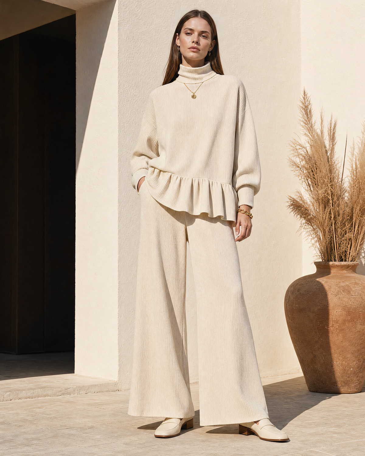 Casual Cream Corduroy Turtleneck Peplum-hem Top And Wide-leg Pants Set MVA001960AA