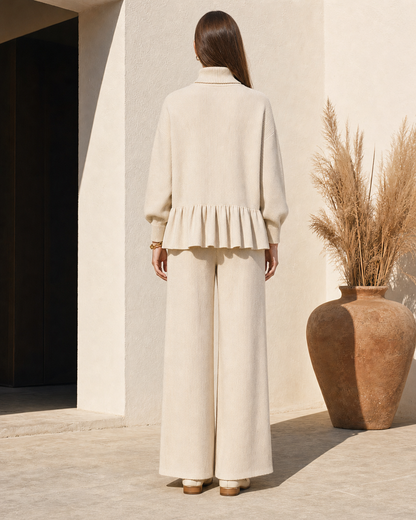 Casual Cream Corduroy Turtleneck Peplum-hem Top And Wide-leg Pants Set MVA001960AA