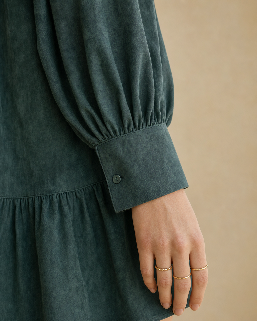Casual Teal Green Faux-suede Collared Button-front Tiered Mini Dress MVA001970AA