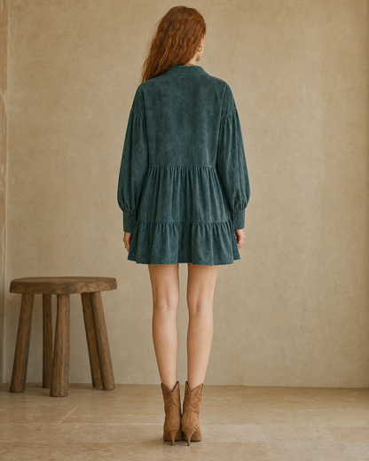 Casual Teal Green Faux-suede Collared Button-front Tiered Mini Dress MVA001970AA