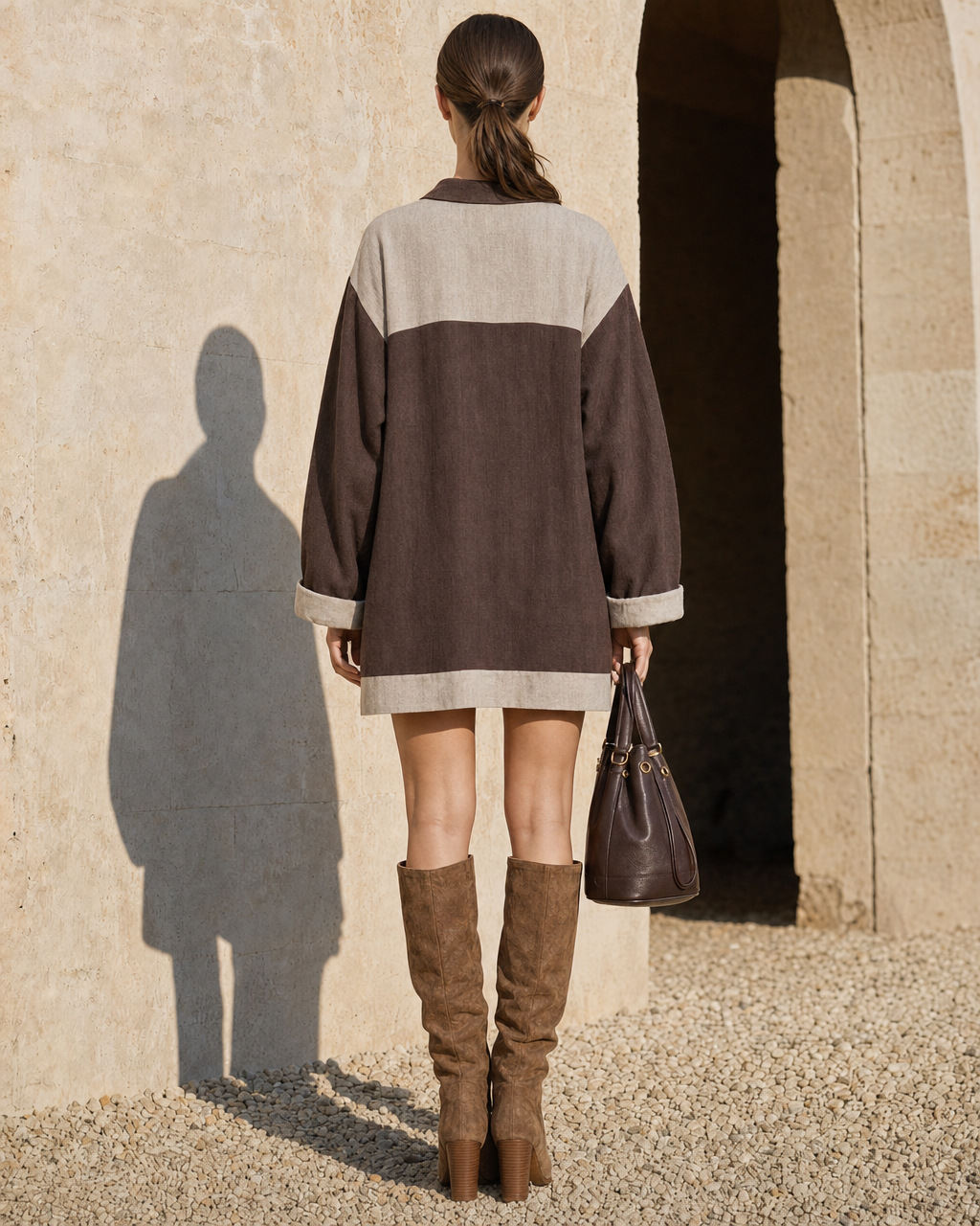 Casual Brown And Beige Colorblock Cotton-linen Lapel Long-sleeve Mini Shirt Dress MVA002000AA
