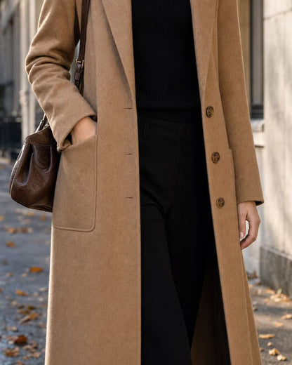 Classic Camel Wool-blend Lapel Long-sleeve Maxi Coat MVA002010AA