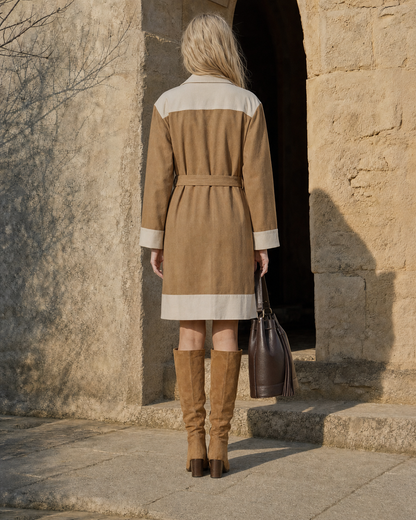 Casual Camel And Cream Colorblock Faux-suede Belted Long-sleeve Coat MVA002030AA