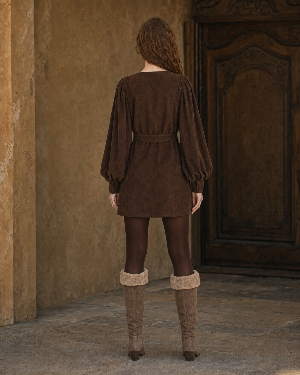 Casual Brown Faux-suede Boat-neck Long-sleeve Mini Dress MVA002040AA