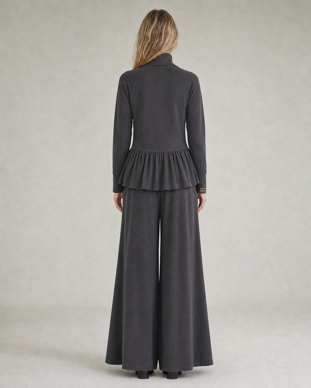 Casual Charcoal Grey Knit Turtleneck Peplum Top And Wide-leg Pants Set MVA002050AA
