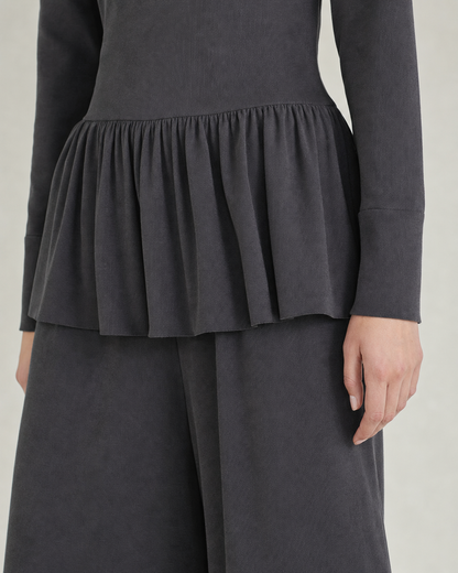 Casual Charcoal Grey Knit Turtleneck Peplum Top And Wide-leg Pants Set MVA002050AA
