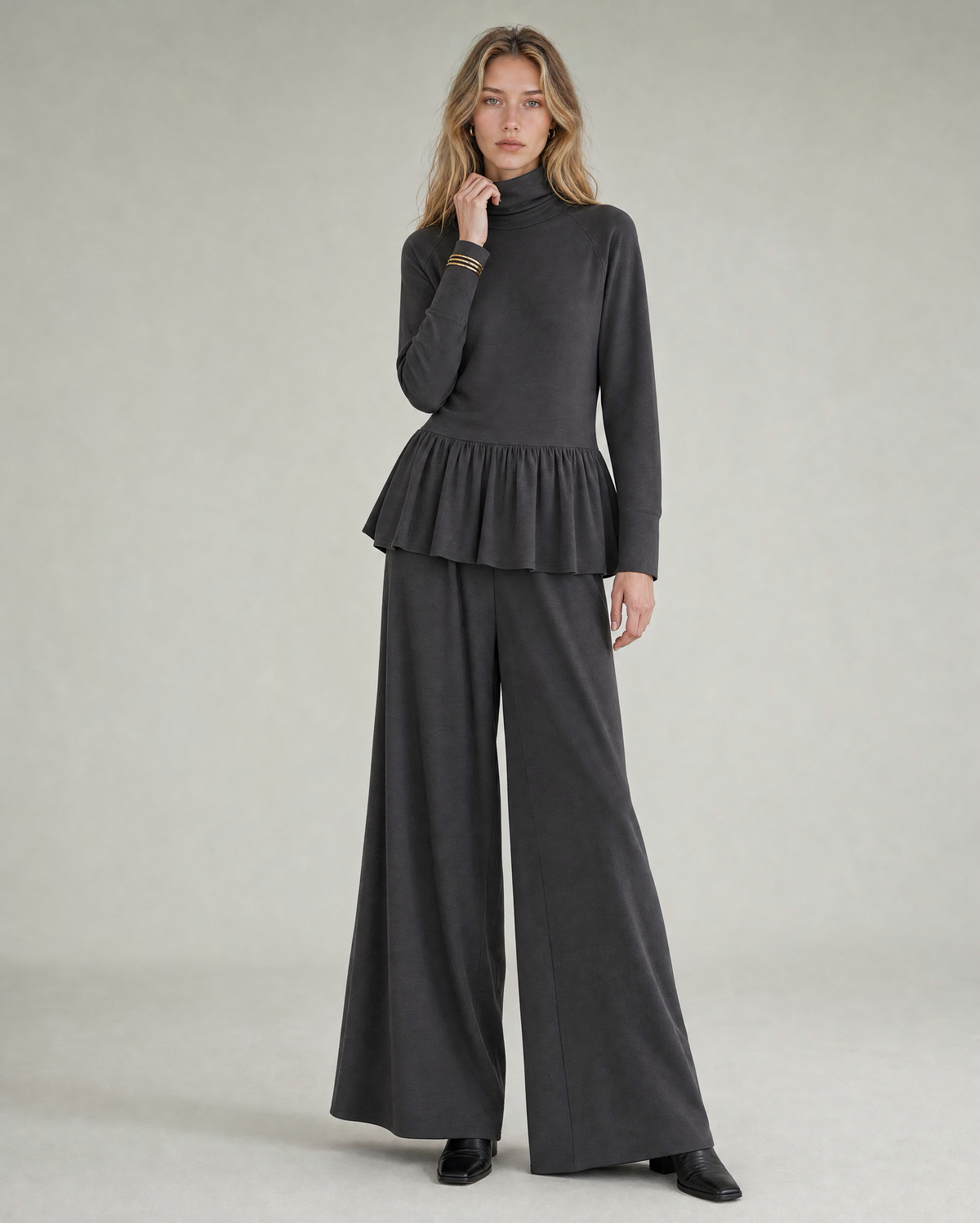 Casual Charcoal Grey Knit Turtleneck Peplum Top And Wide-leg Pants Set MVA002050AA