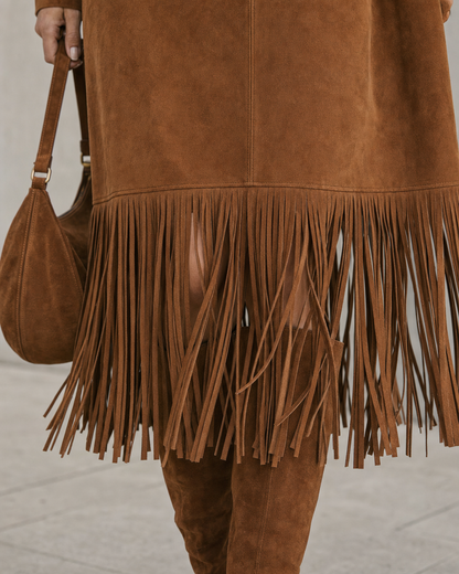 Bohemian Tan Faux-suede Stand-collar Long-sleeve Fringe-hem Midi Dress MVA002070AA