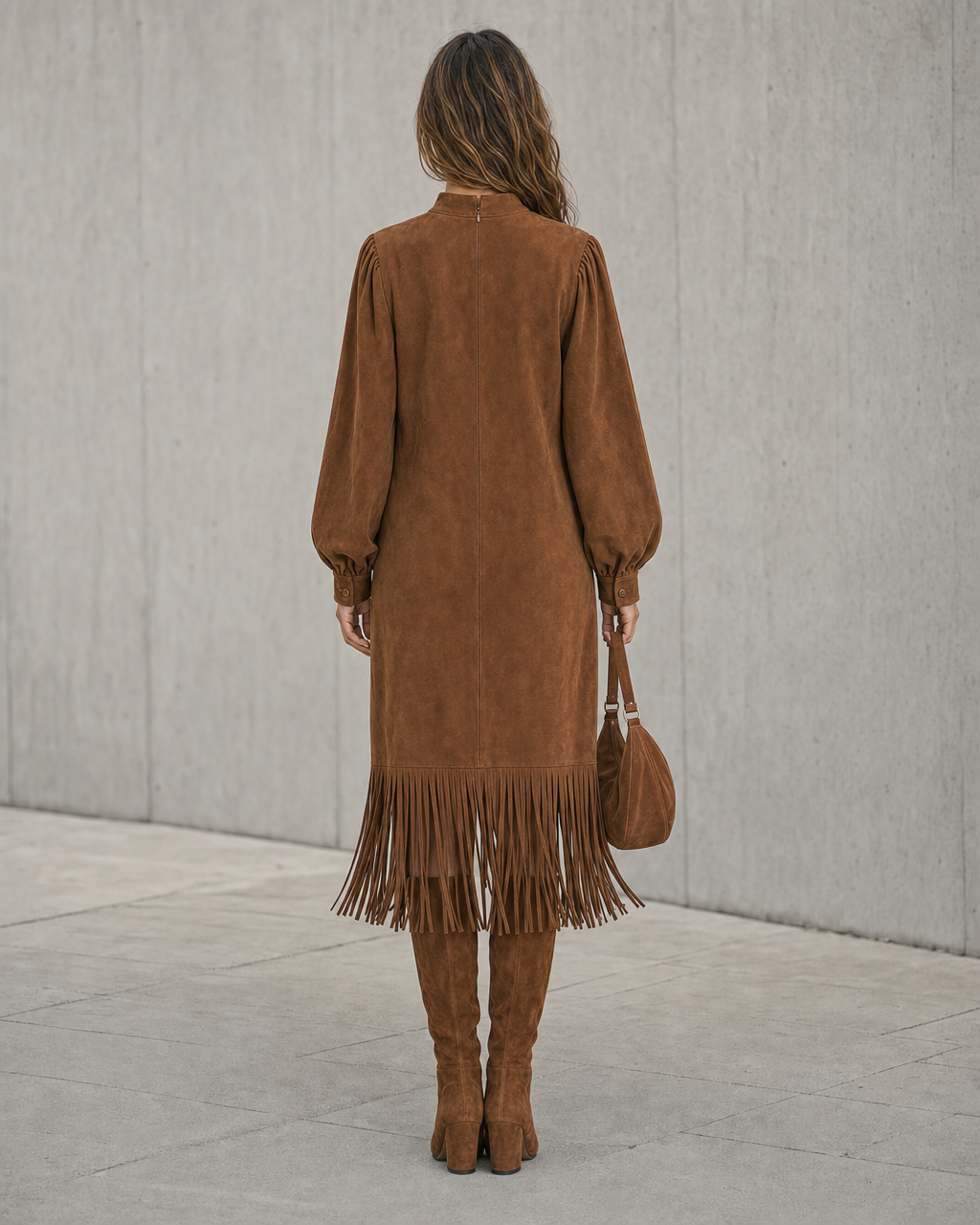 Bohemian Tan Faux-suede Stand-collar Long-sleeve Fringe-hem Midi Dress MVA002070AA