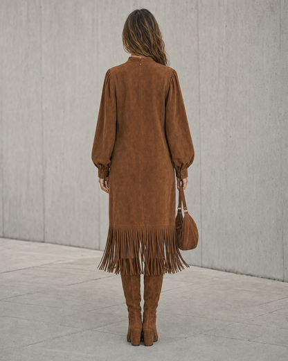 Bohemian Tan Faux-suede Stand-collar Long-sleeve Fringe-hem Midi Dress MVA002070AA