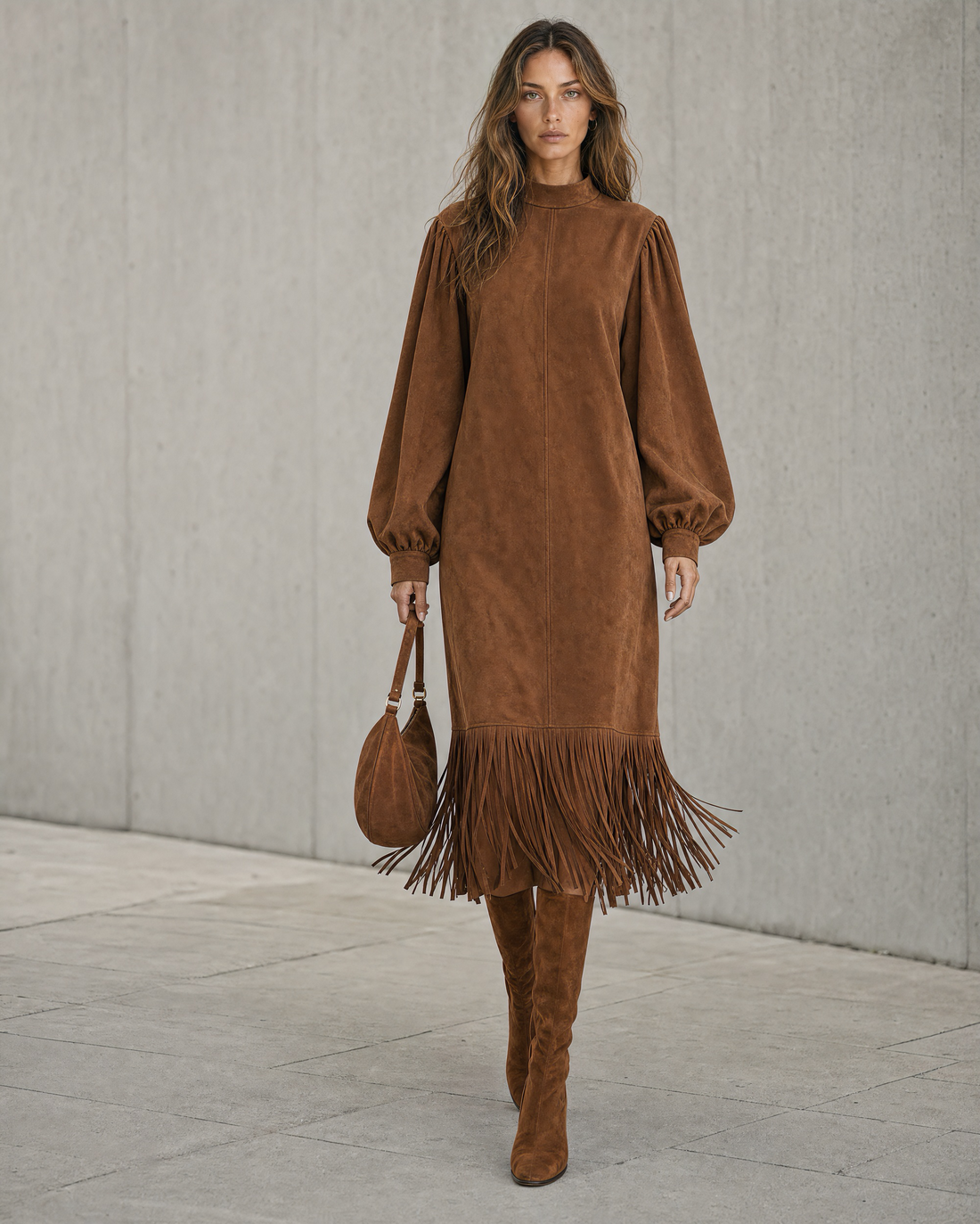 Bohemian Tan Faux-suede Stand-collar Long-sleeve Fringe-hem Midi Dress MVA002070AA