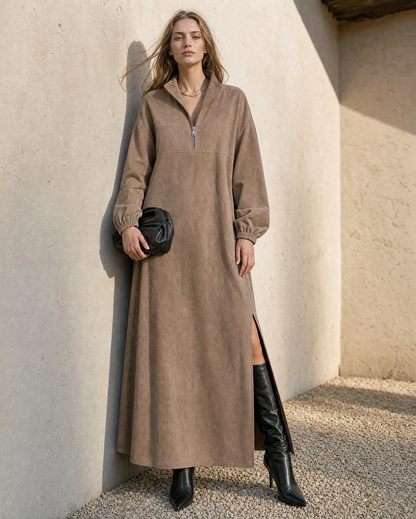 Casual Taupe Faux-suede Stand-collar Half-zip Long-sleeve Maxi Dress MVA002080AA