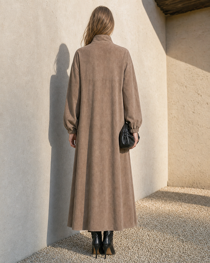 Casual Taupe Faux-suede Stand-collar Half-zip Long-sleeve Maxi Dress MVA002080AA