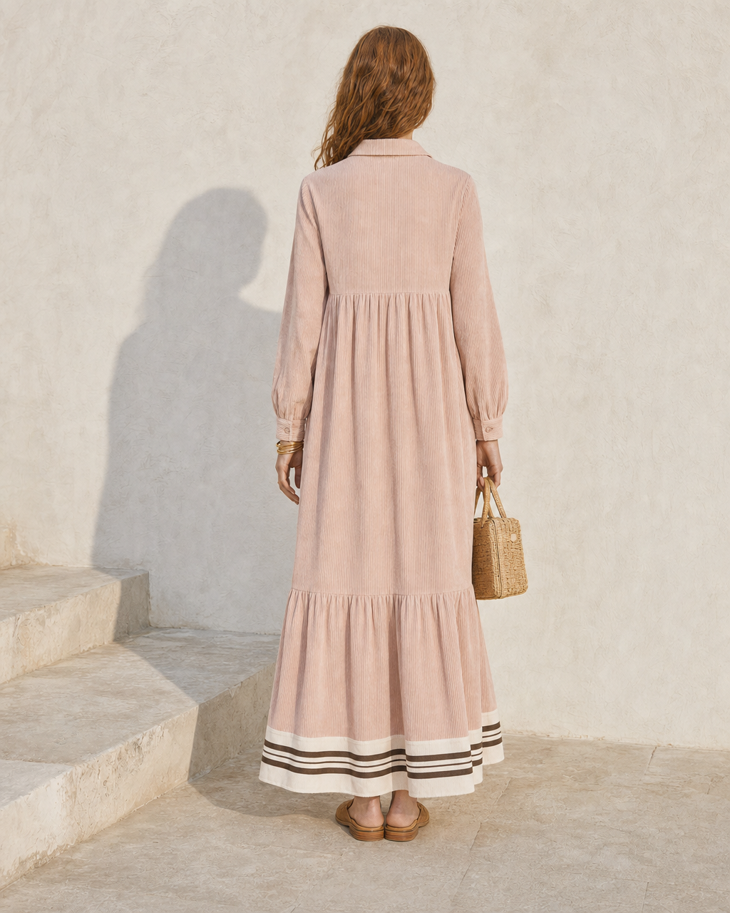 Casual Dusty Pink Corduroy Shirt-collar Long-sleeve Tiered Maxi Dress MVA002090AA