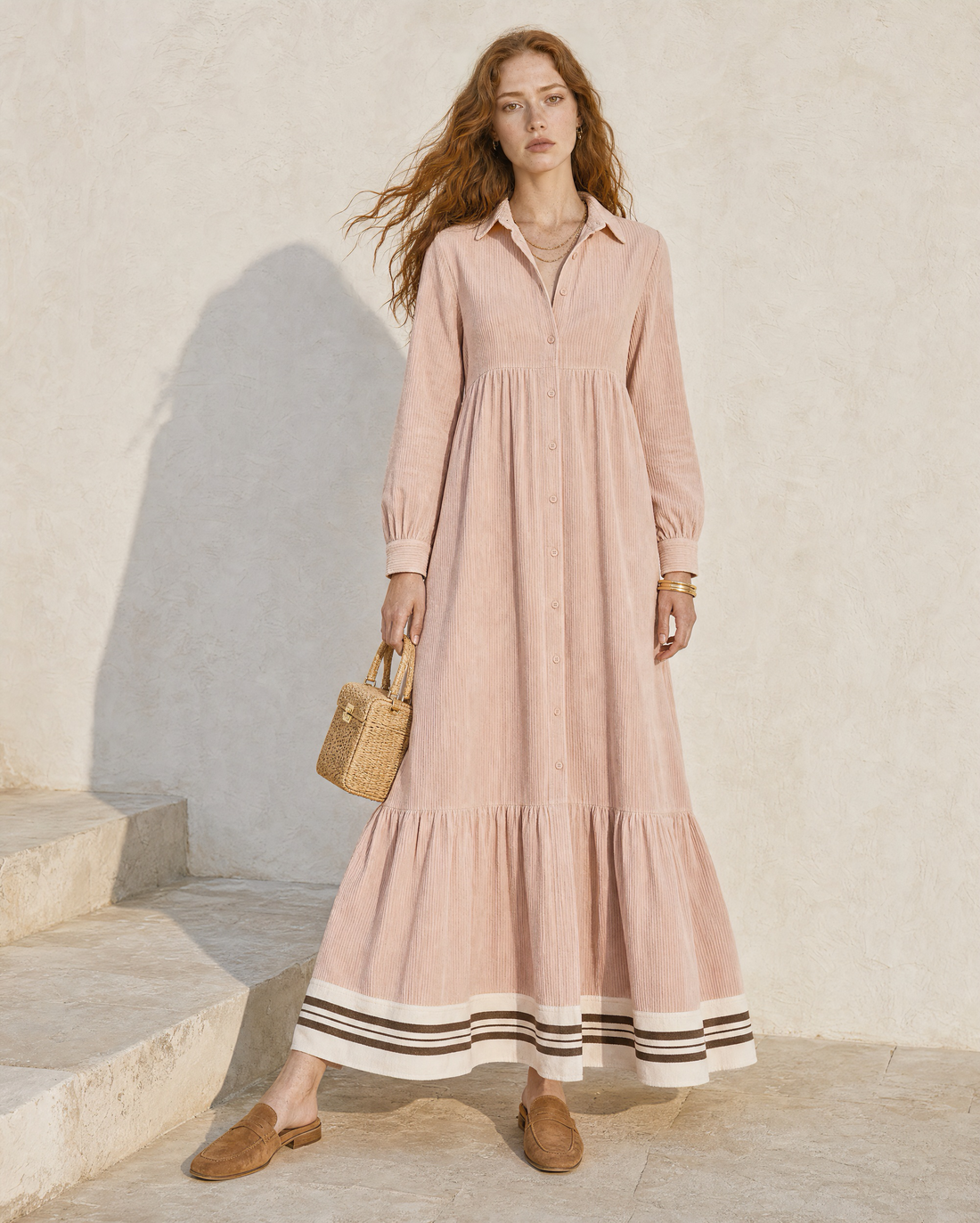 Casual Dusty Pink Corduroy Shirt-collar Long-sleeve Tiered Maxi Dress MVA002090AA