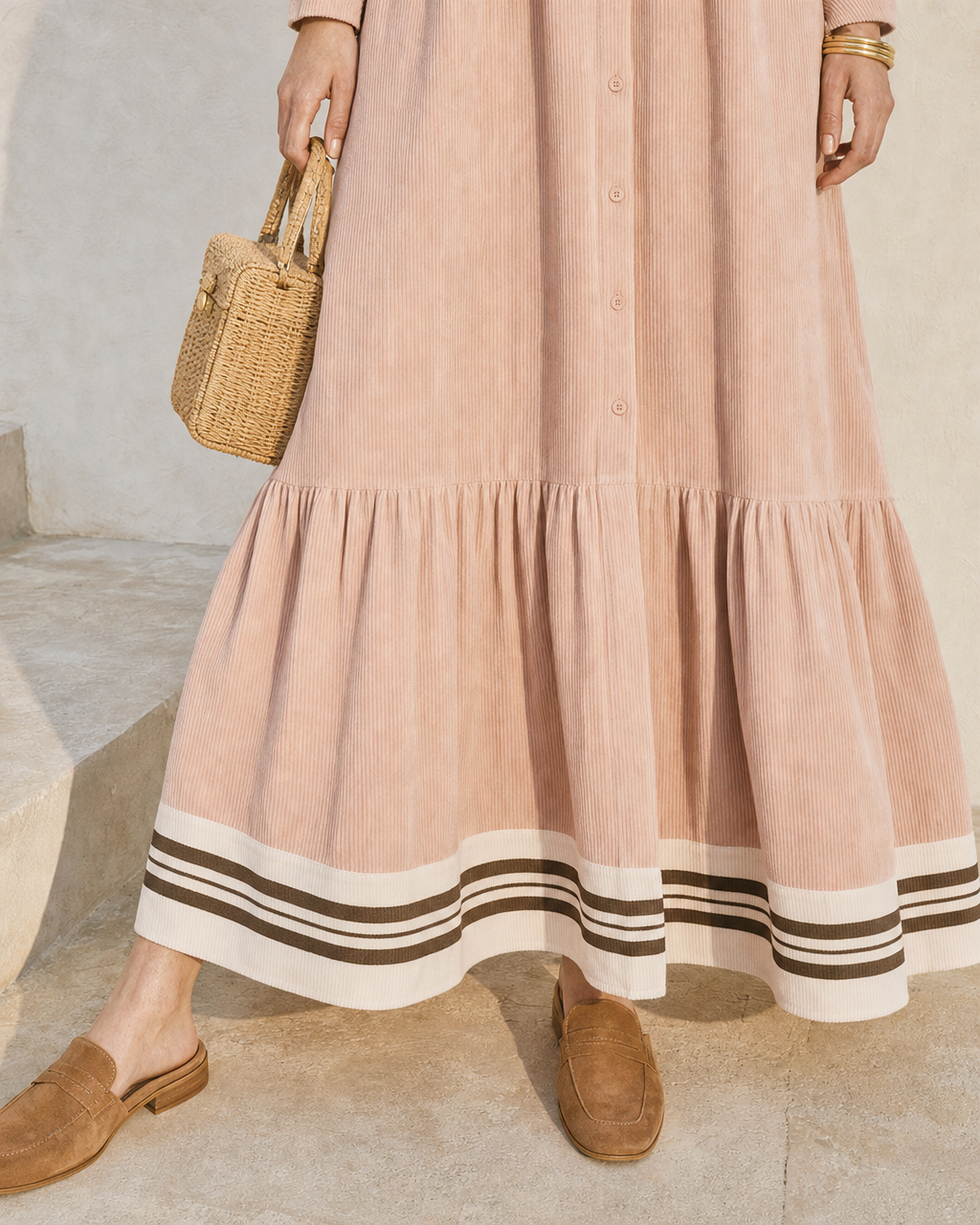 Casual Dusty Pink Corduroy Shirt-collar Long-sleeve Tiered Maxi Dress MVA002090AA