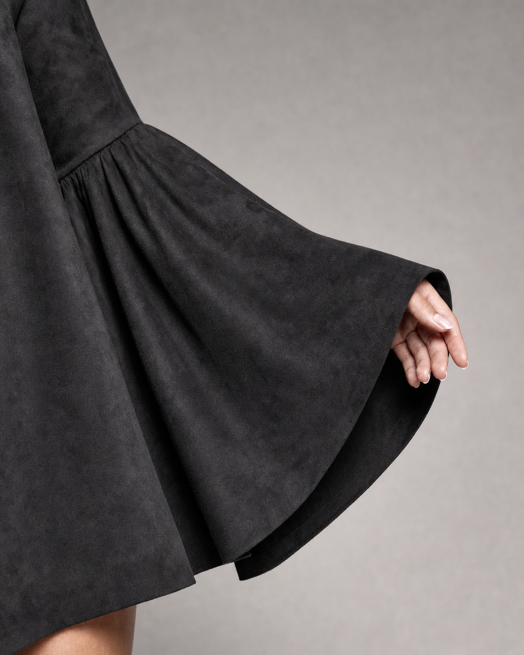 Bohemian Black Faux-suede Off-shoulder Bell-sleeve Asymmetric Mini Dress MVA002100AA