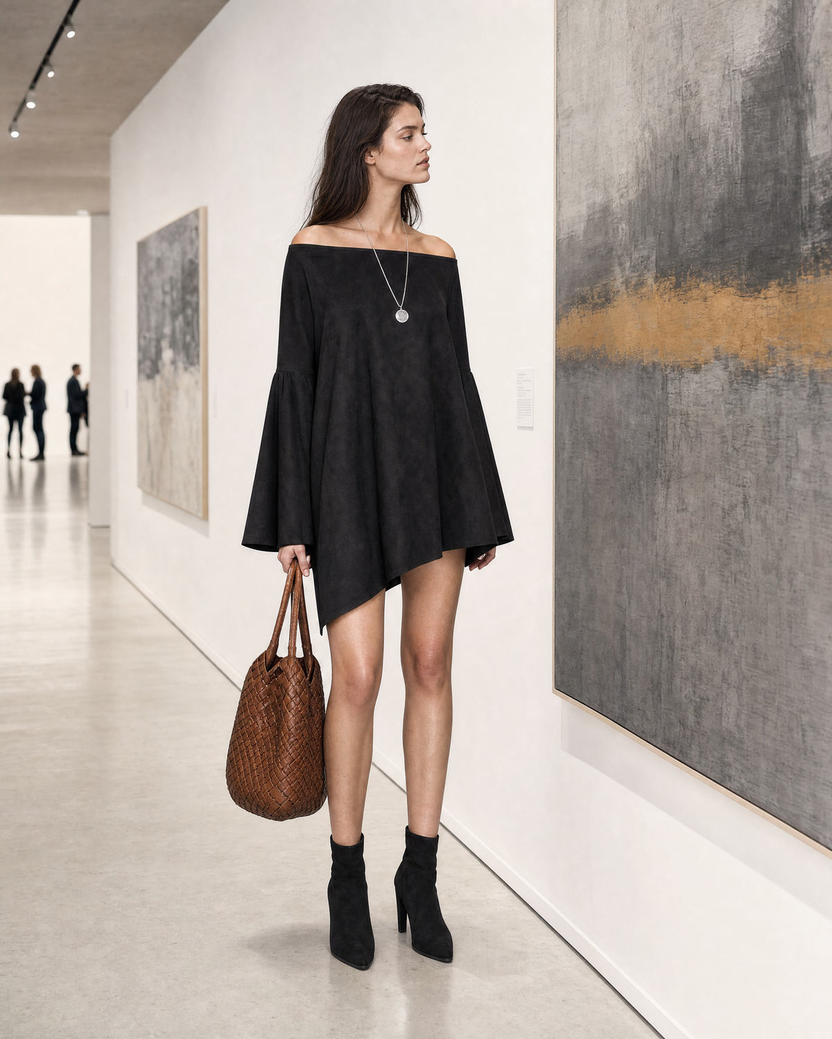 Bohemian Black Faux-suede Off-shoulder Bell-sleeve Asymmetric Mini Dress MVA002100AA