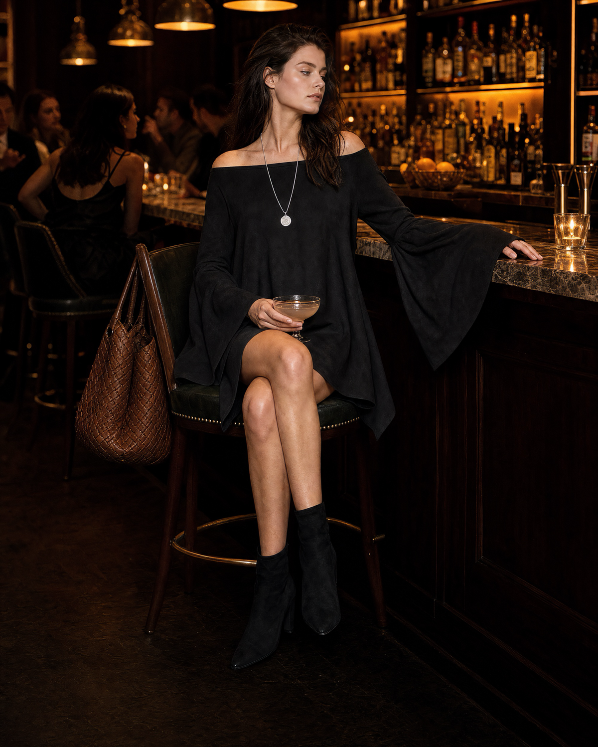 Bohemian Black Faux-suede Off-shoulder Bell-sleeve Asymmetric Mini Dress MVA002100AA