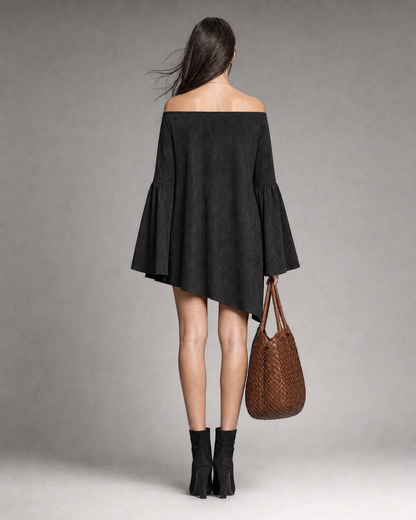 Bohemian Black Faux-suede Off-shoulder Bell-sleeve Asymmetric Mini Dress MVA002100AA