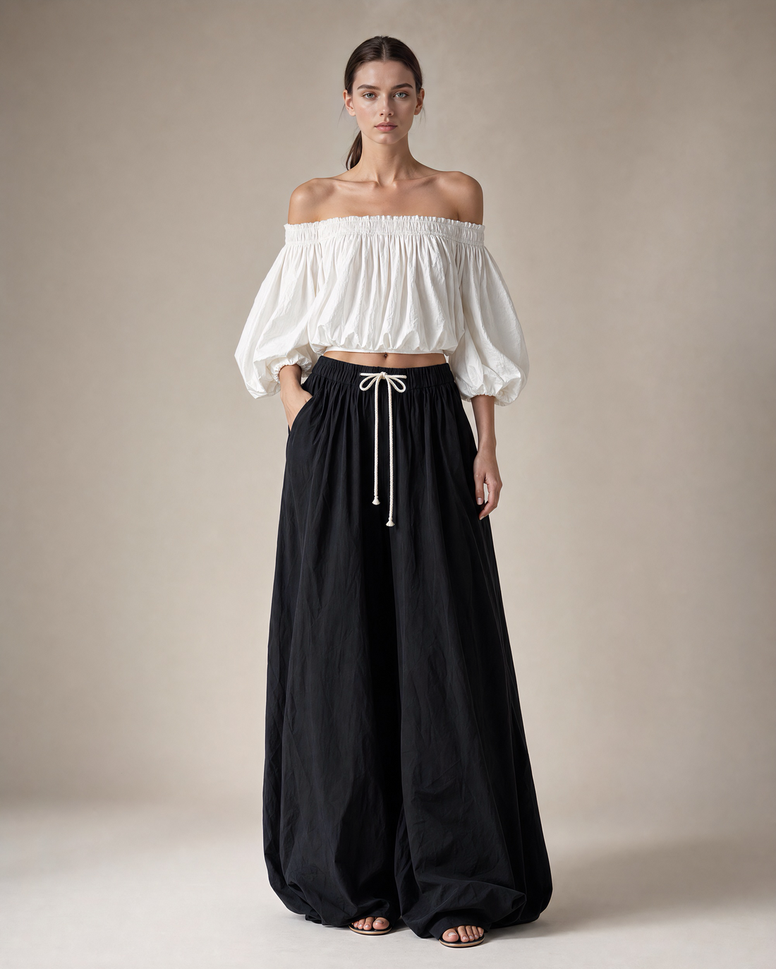 Casual Ivory Off-shoulder Crop Top And Black Wide-leg Balloon Pants Set MVA002110AA