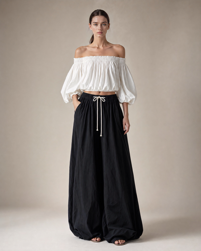 Casual Ivory Off-shoulder Crop Top And Black Wide-leg Balloon Pants Set MVA002110AA