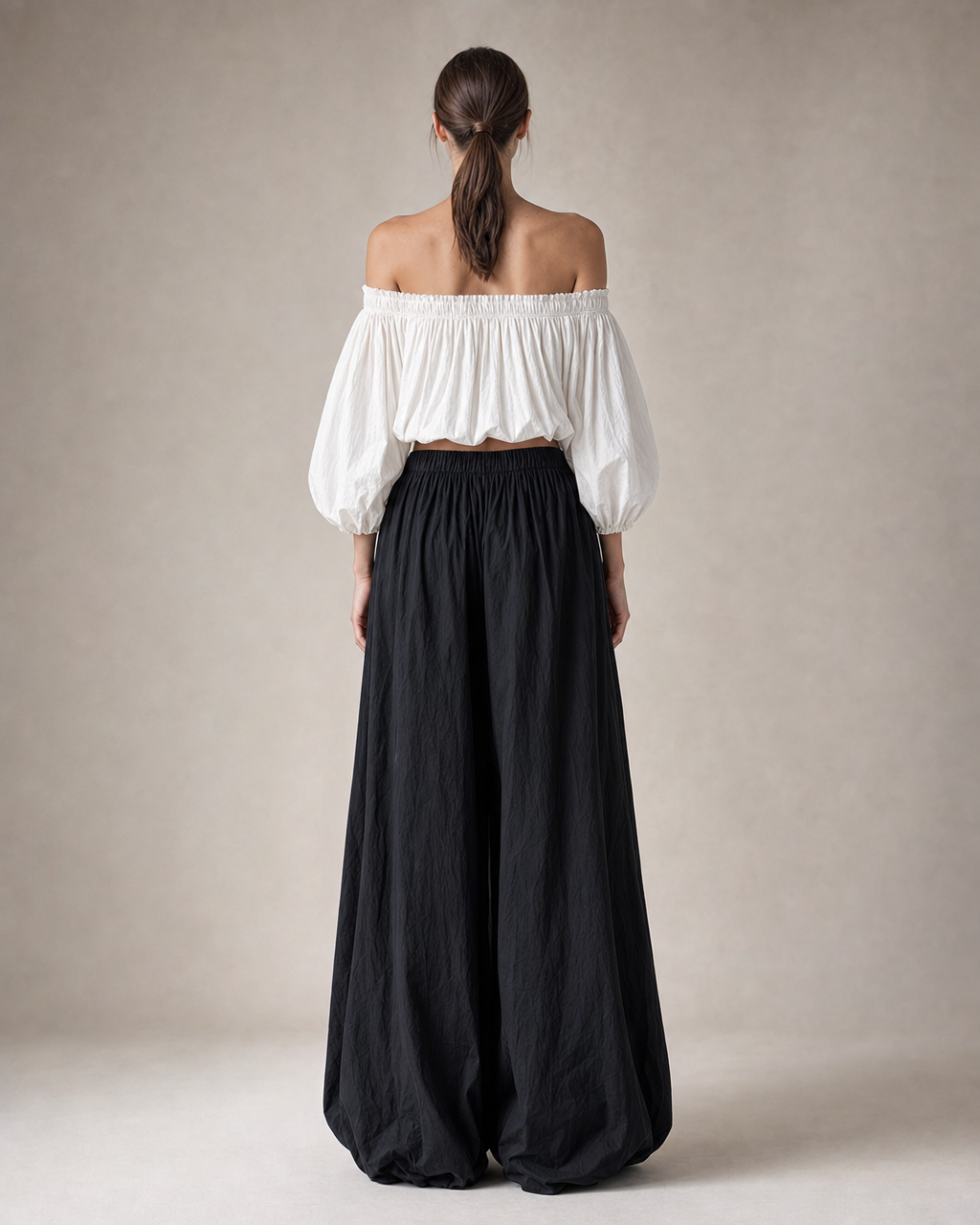 Casual Ivory Off-shoulder Crop Top And Black Wide-leg Balloon Pants Set MVA002110AA