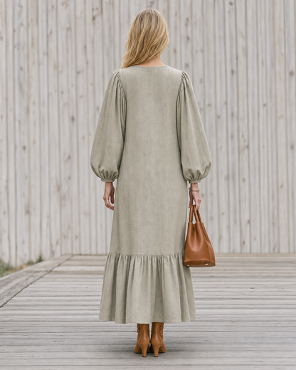 Bohemian Sage Green Cotton-linen Split-neck Long-sleeve Ruffle-hem Maxi Dress MVA002120AA