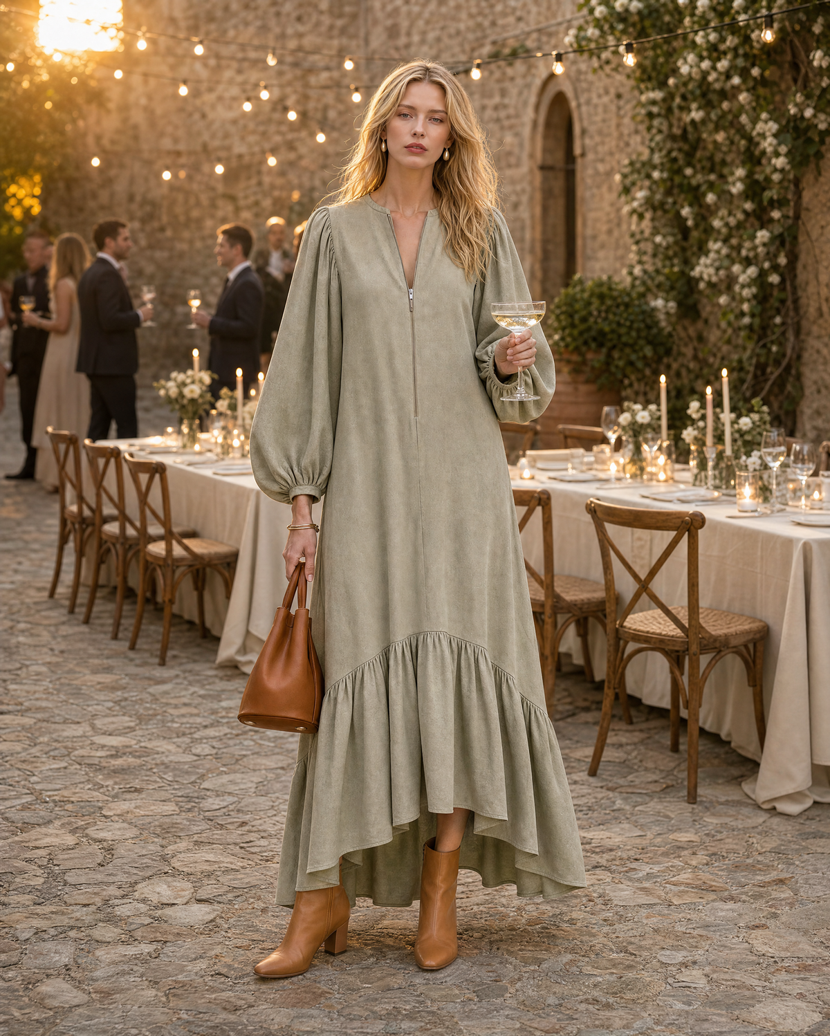 Bohemian Sage Green Cotton-linen Split-neck Long-sleeve Ruffle-hem Maxi Dress MVA002120AA