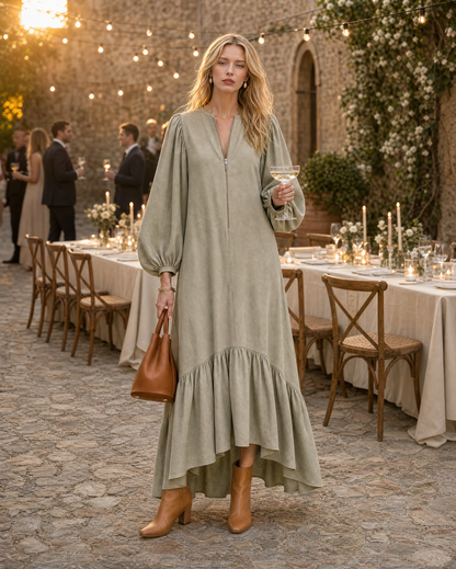 Bohemian Sage Green Cotton-linen Split-neck Long-sleeve Ruffle-hem Maxi Dress MVA002120AA