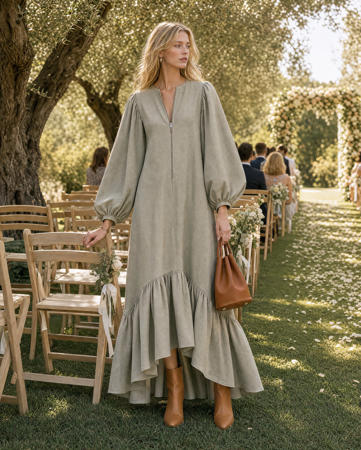 Bohemian Sage Green Cotton-linen Split-neck Long-sleeve Ruffle-hem Maxi Dress MVA002120AA