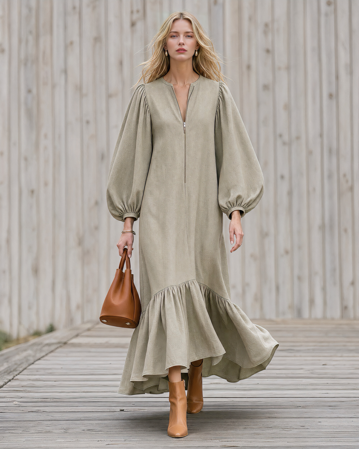 Bohemian Sage Green Cotton-linen Split-neck Long-sleeve Ruffle-hem Maxi Dress MVA002120AA