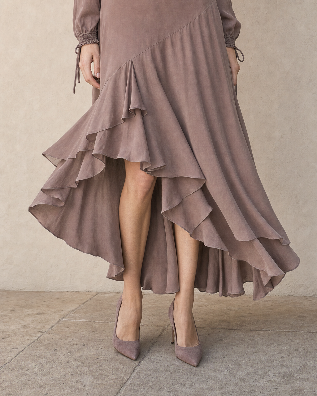 Elegant Mauve One-shoulder Long-sleeve Asymmetric Ruffle Midi Dress MVA002140AA