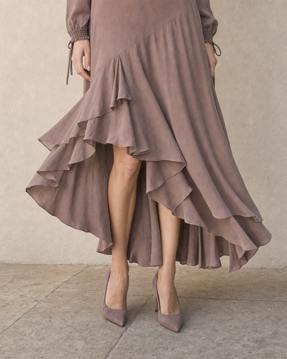 Elegant Mauve One-shoulder Long-sleeve Asymmetric Ruffle Midi Dress MVA002140AA
