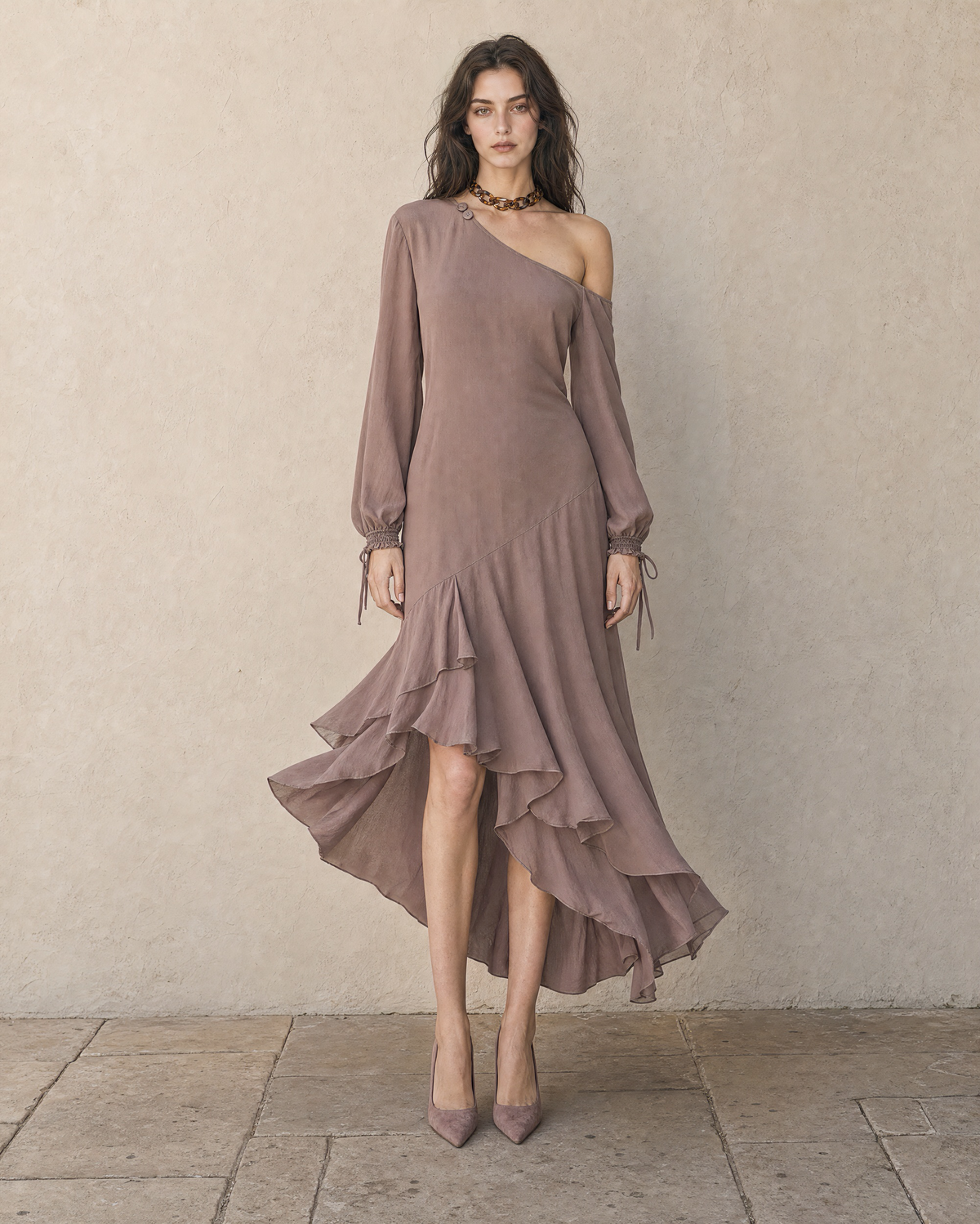 Elegant Mauve One-shoulder Long-sleeve Asymmetric Ruffle Midi Dress MVA002140AA