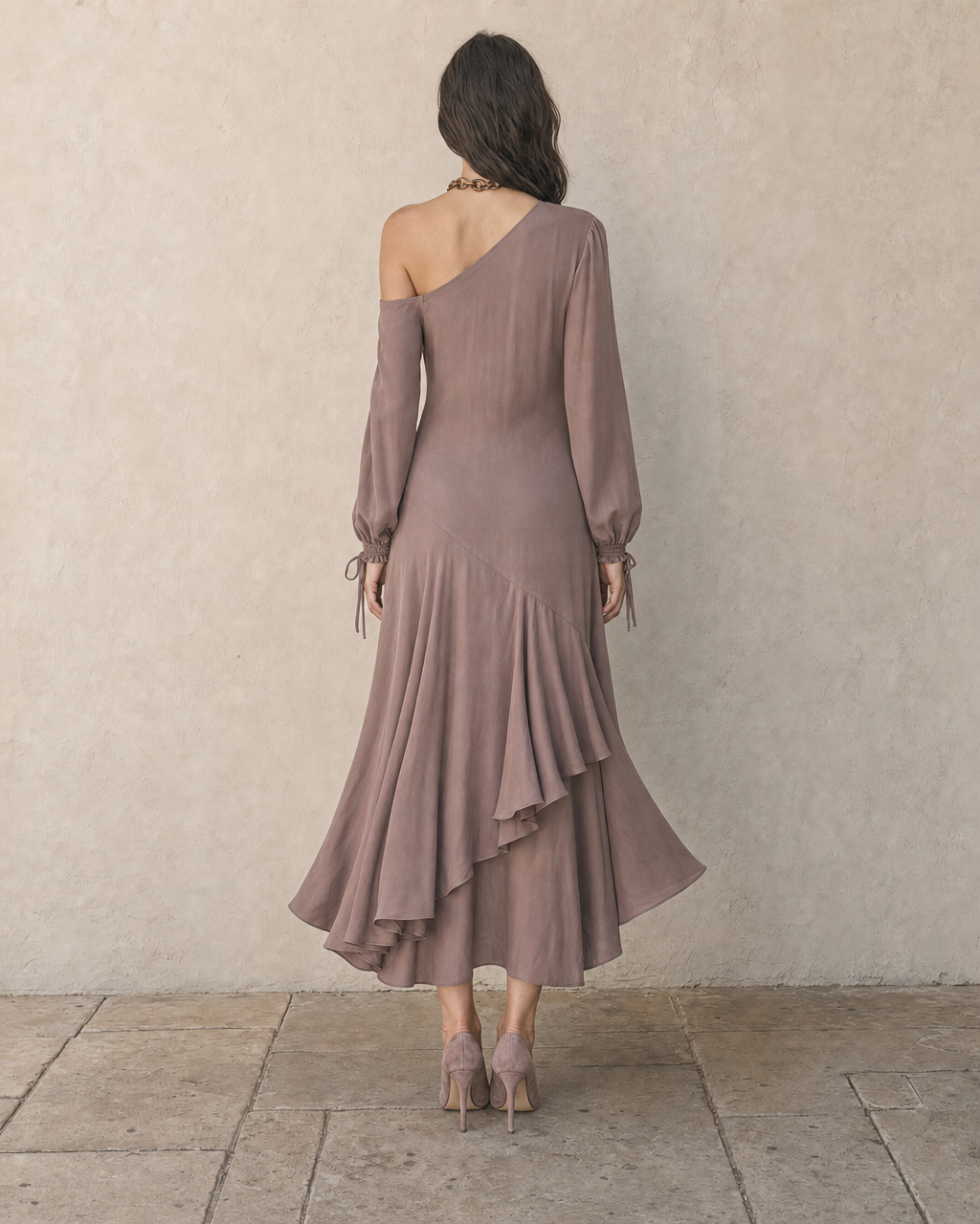 Elegant Mauve One-shoulder Long-sleeve Asymmetric Ruffle Midi Dress MVA002140AA