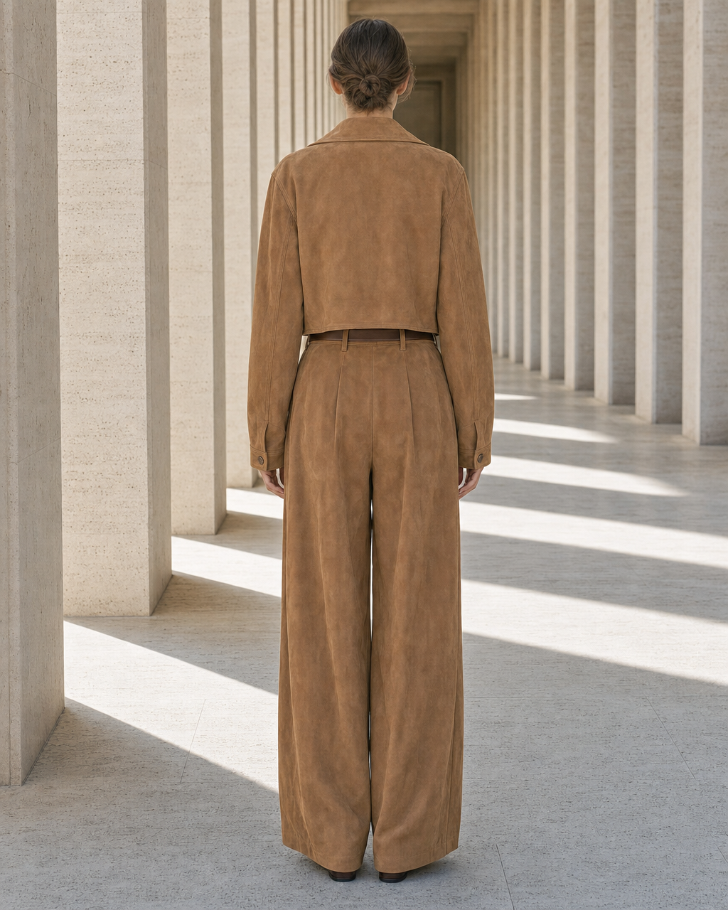 Casual Tan Faux-suede Cropped Jacket And Wide-leg Pants Set MVA002150AA
